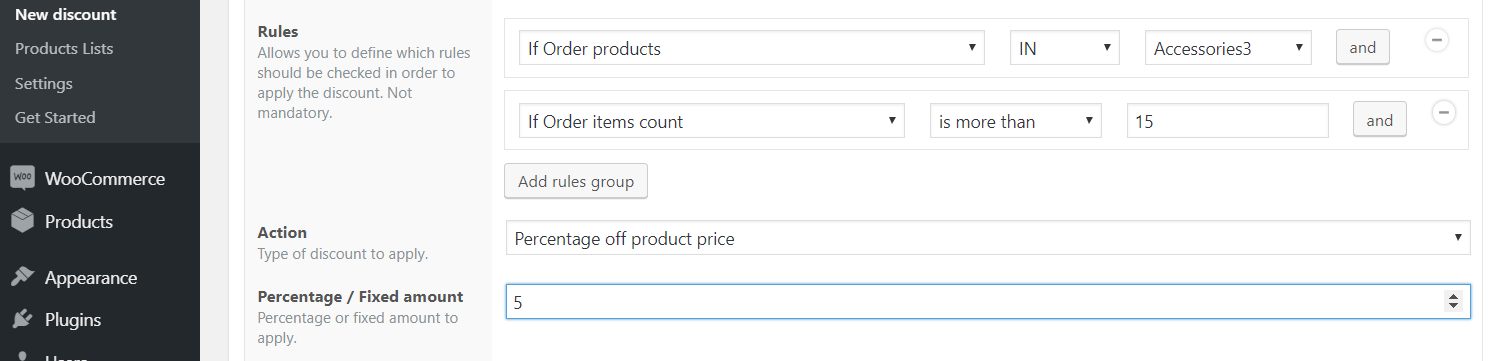 Volume discountexample based on number of ordered products