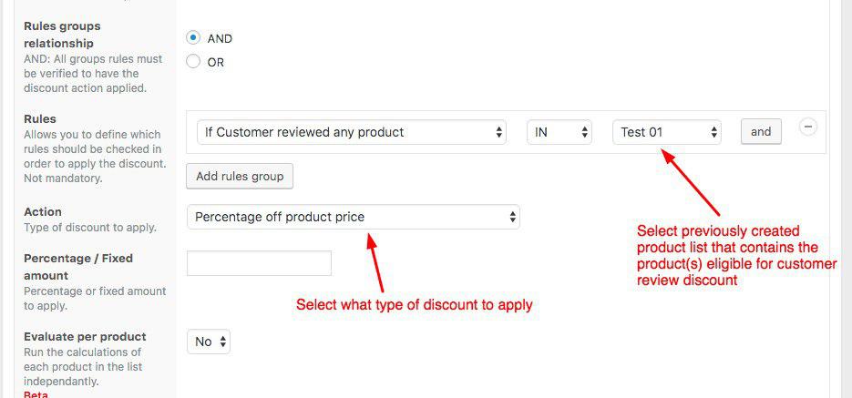 Discount Actions View showing how to create discounts for customers who reviewed your products